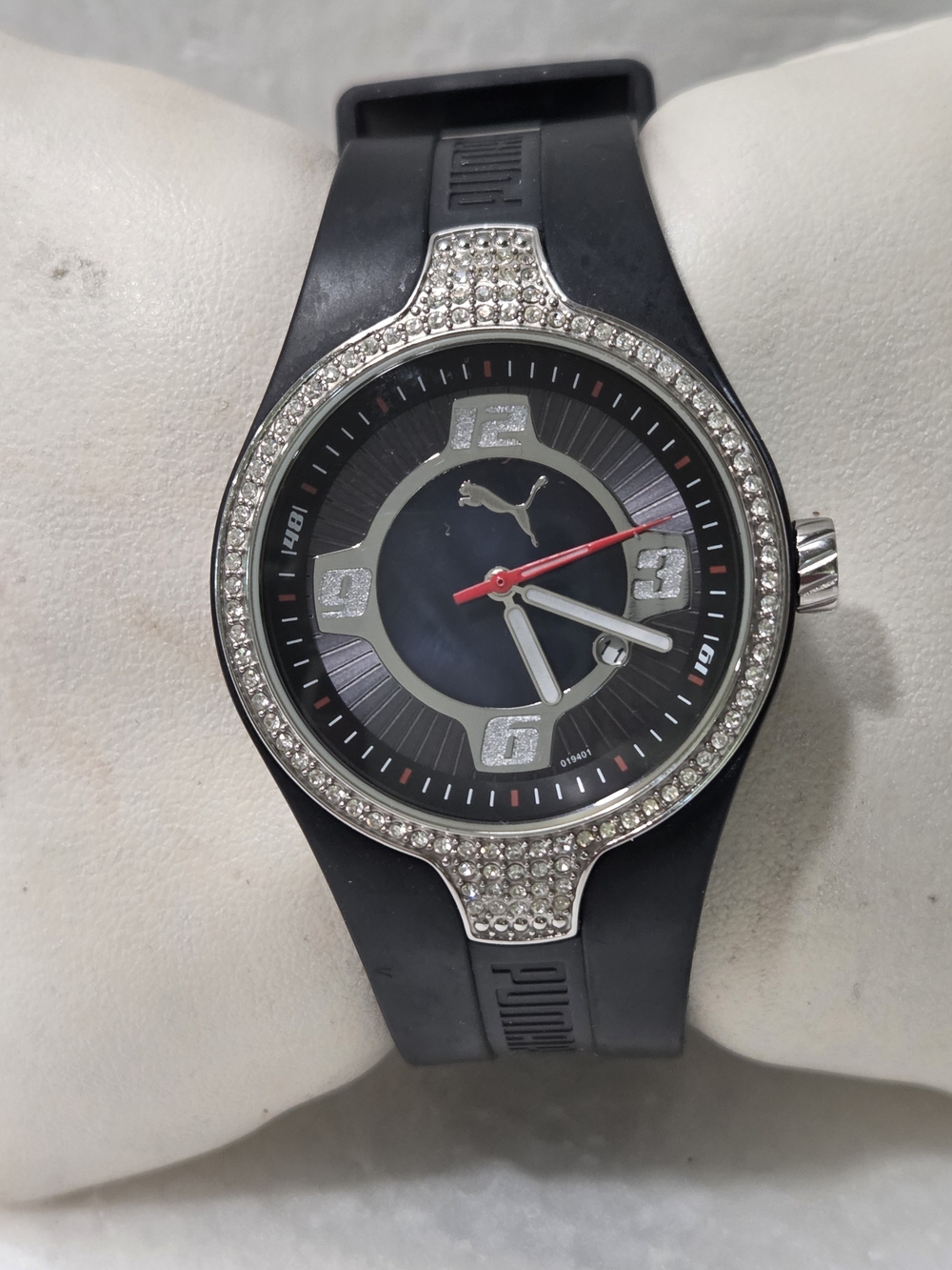 Puma Black Silicone Watch with Crystal Bezel and Red Second Hand